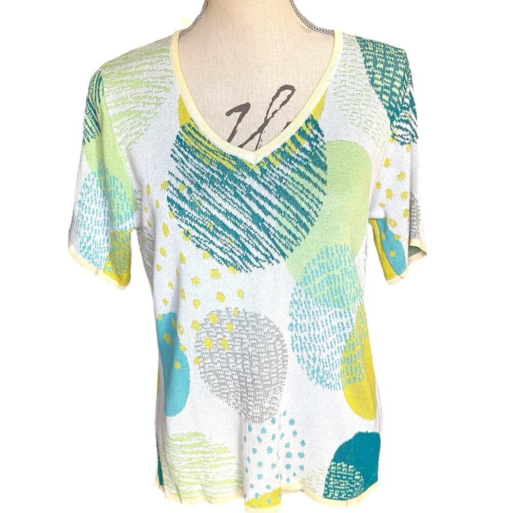 Alison Sheri White/Yellow/Teal Circle Pattern V-Neck Short Sleeve Knit Top (L)